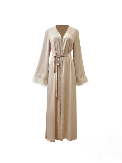 Sofiya Kimono Feather Abaya - Cream