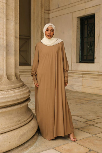 Madinah Smocked Sleeve Batwing Abaya - Biscotti