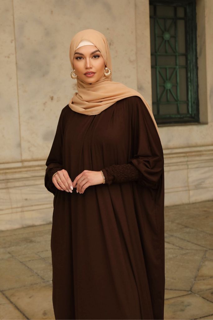 Madinah Smocked Sleeve Batwing Abaya - Cocoa