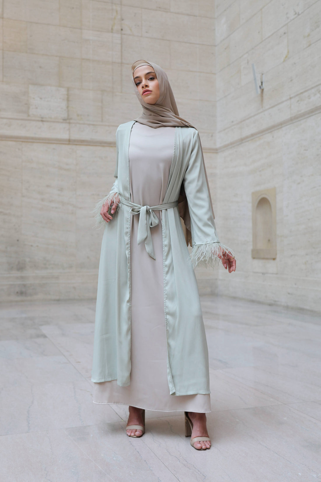 Sofiya Feather Kimono Abaya - Pastel Mint