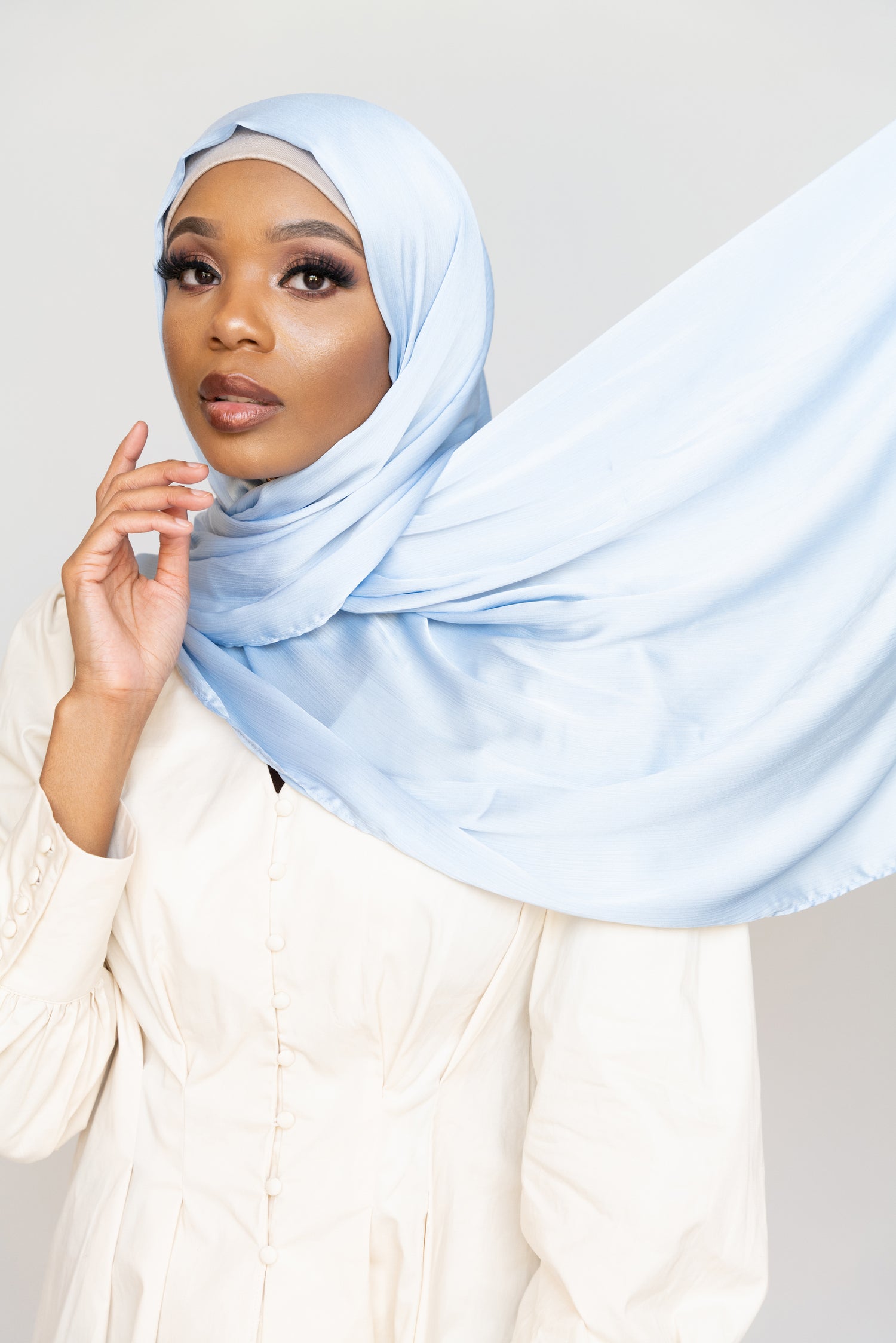 Shop Icy Blue Deluxe Satin Crepe Scarf on Sale | Niswa Fashion